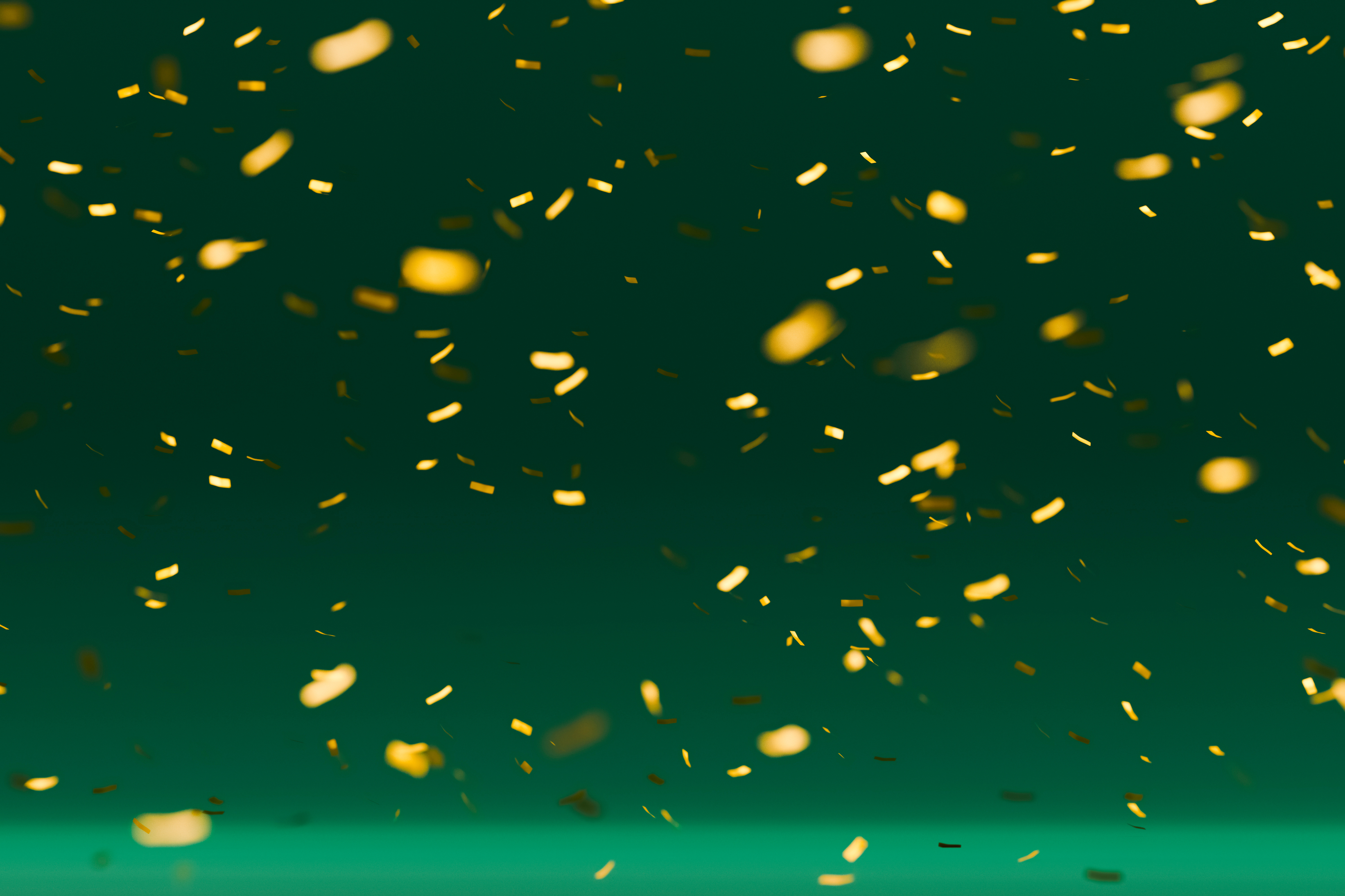 Gold confetti on green christmas background. 3d rendering.